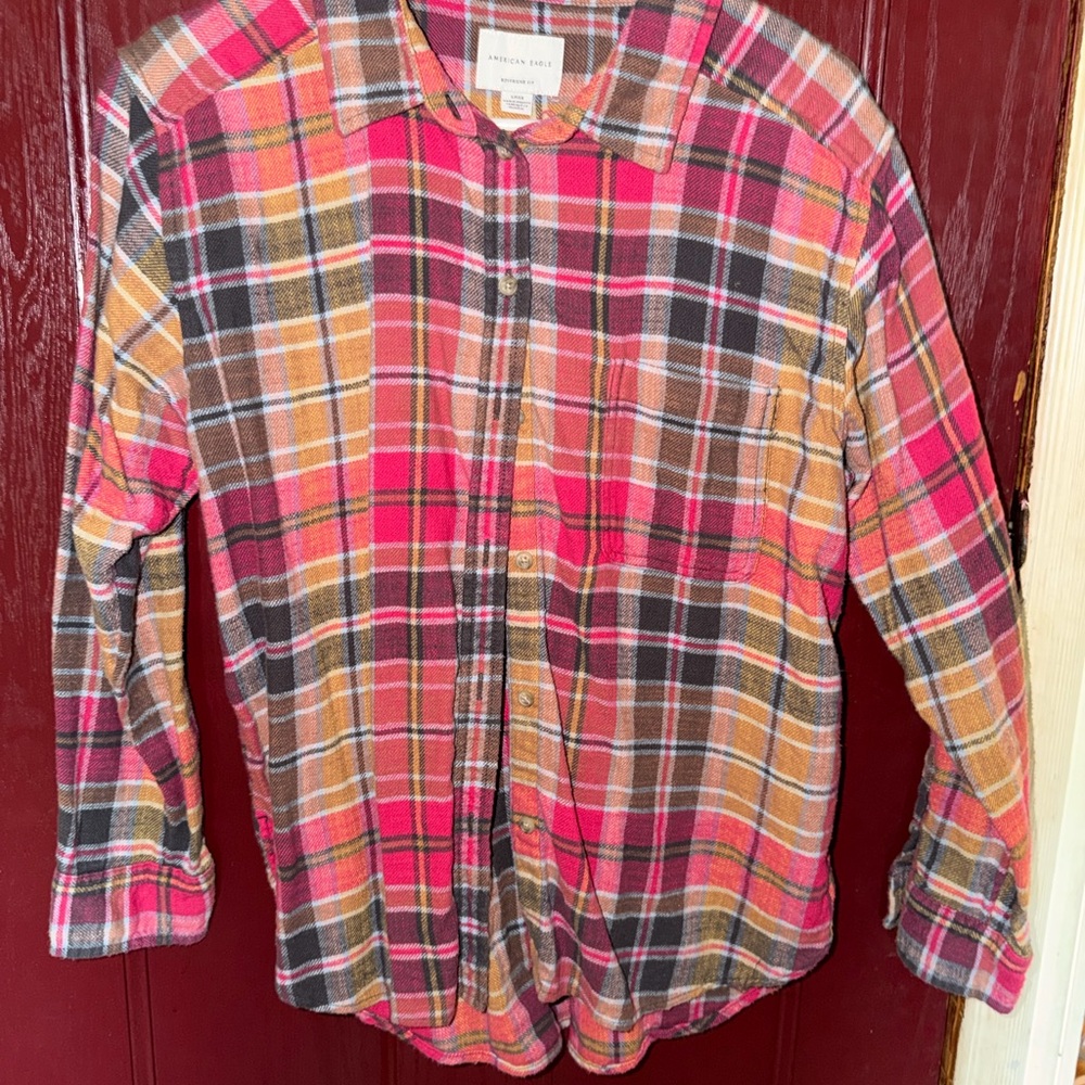American Eagle Outfitters Pink Orange Brown Plaid Button-Down Shirt